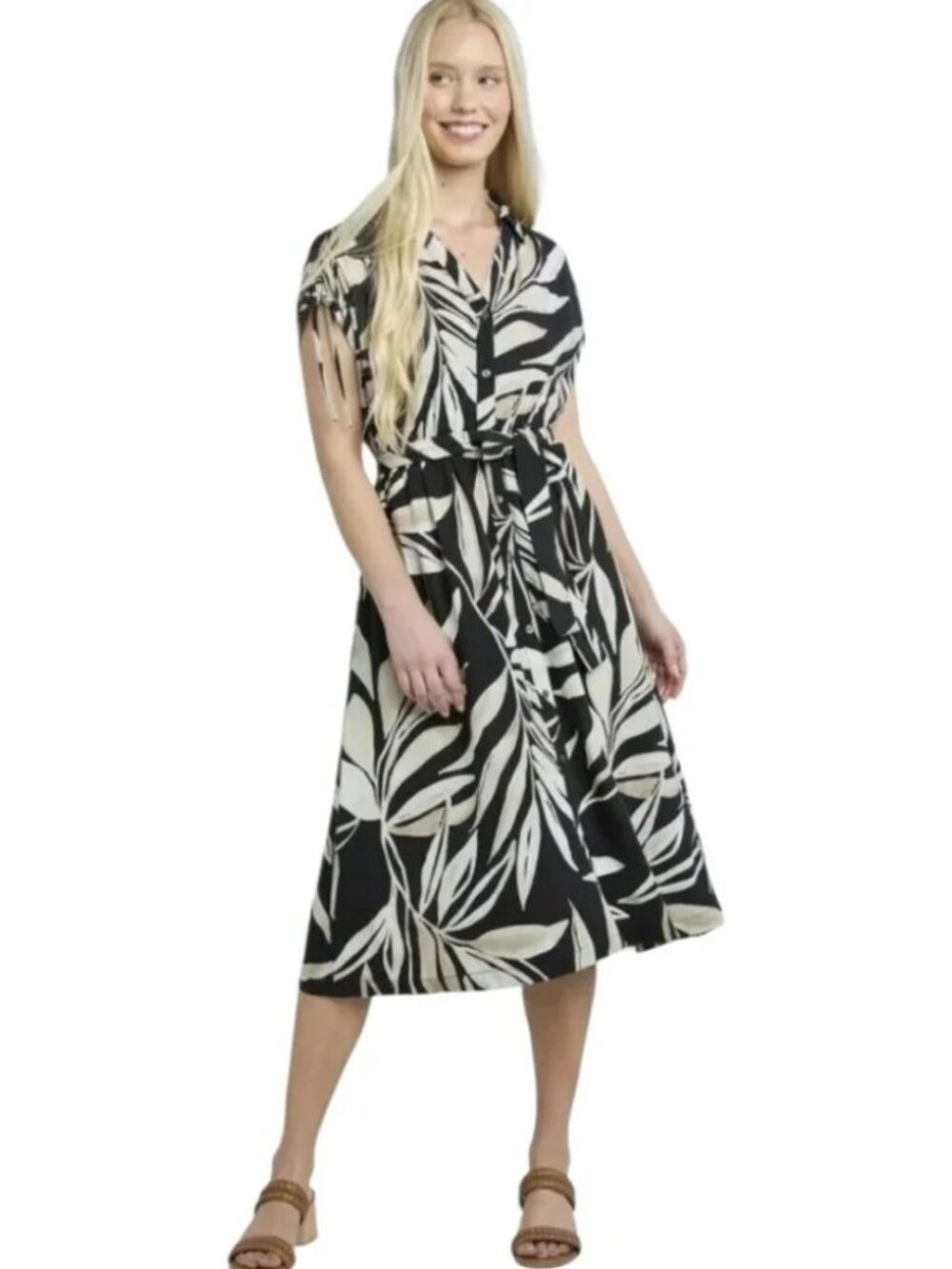 NEW Time & Tru SZ M Women's Cotton/Linen blend Midi Shirtdress Black/Tan Print